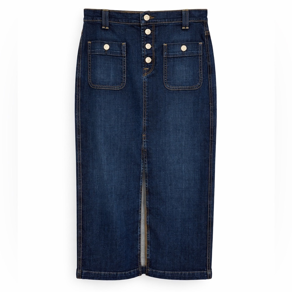 7 For All Mankind Button Front Denim Midi Skirt Dark Wash Front Slit Size 30